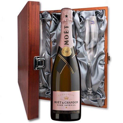 Moet & Chandon Rose Champagne 75cl And Flutes In Luxury Presentation Box